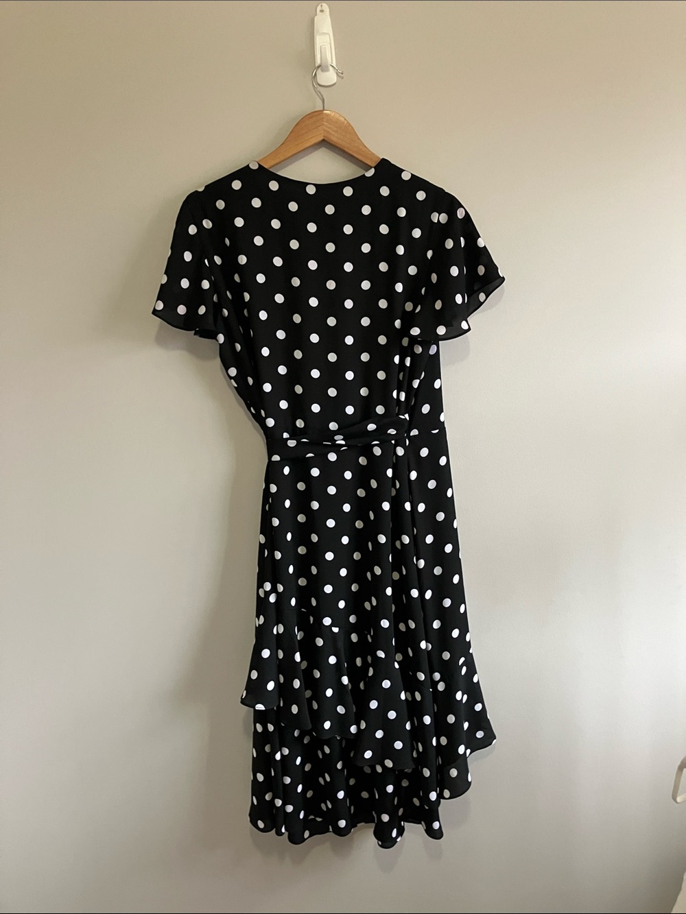 Joseph Ribkoff black and White Polka Dot Wrap Midi Dress ruffle A-line size 12 - Picture 7 of 10